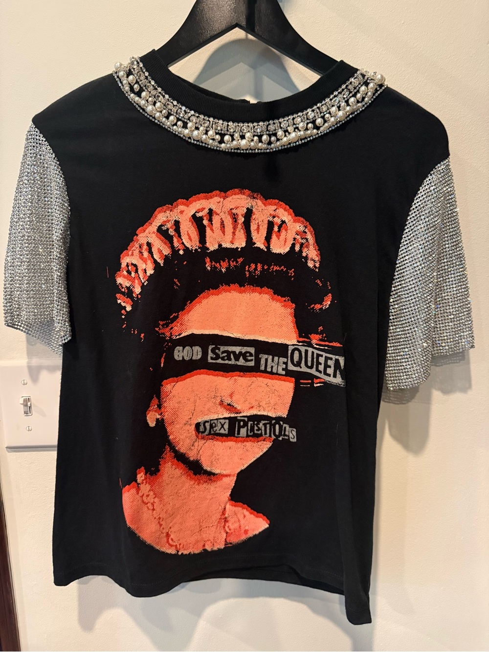 Alice + Olivia X Sex Pistols Embell Tee with crystal chainmail Sleeves